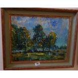 Patricia Espir, a small Framed and glazed oil painting on canvas Park Walk depicting a London Park