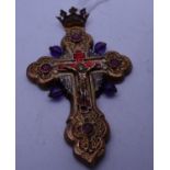 Interesting Russian gilt metal cross set with semi precious stones, crown shaped top with small