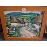 Oil painting on board of a panoramic Cornish Countryside Scene with rolling hills and cottages, un-