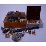 Box containing an amount of costume jewellery and other items including a modern pocket watch, small