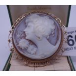 Fine quality Italian Cameo brooch set in gold mount, 2.5" dia, superbly carved Cameo with original