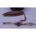 2 x Victorian period bar brooches, both 15ct gold 1 set with small amethyst the other set with small