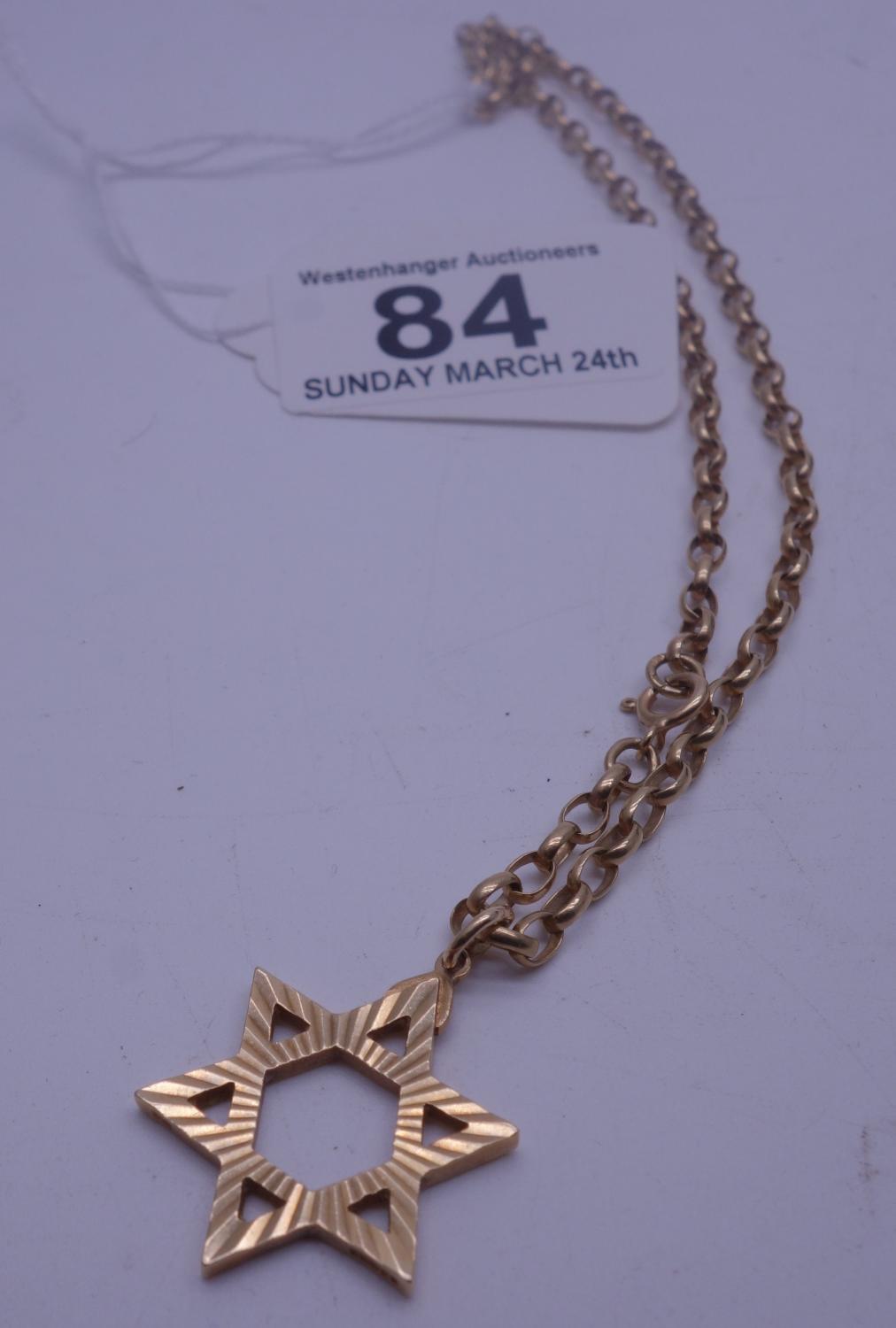 9ct gold necklace with star of David shaped medallion, necklace measures 18" long both marked 9ct