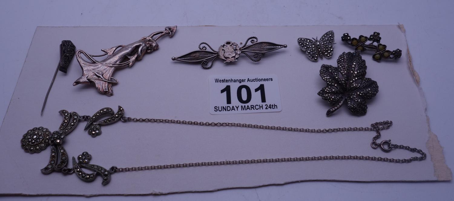 Sterling silver or silver and marcasite, silver coloured, 7 items including a Edwardian marcasite