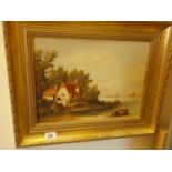 R Douglas, a Dutch landscape scene, depicting buildings, figures and landscape