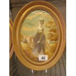 Pair of oval framed silk embroidered pictures, both depicting females in a landscape, each oval