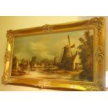 Reproduction c1970's large Dutch Landscape oil painting on canvas depicting figures, buildings and