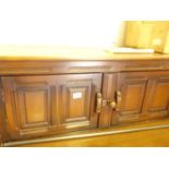 Antique style court cupboard, cluster of small cupboards to the top, above another cluster of