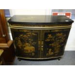 Ornate Korean legged black lacquered Chinosire bow front Korean cabinet, landscape scenes and