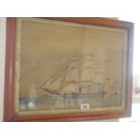 Interesting 19 th century maple framed silk picture, embroidered image of a 3 mast cutter, image