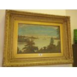 Gilt framed oil painting on canvas of a panoramic landscape scene, probably Scotland image size