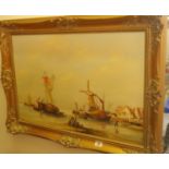 Large 1970's reproduction antique style Dutch landscape scene with boats, windmill and figures,