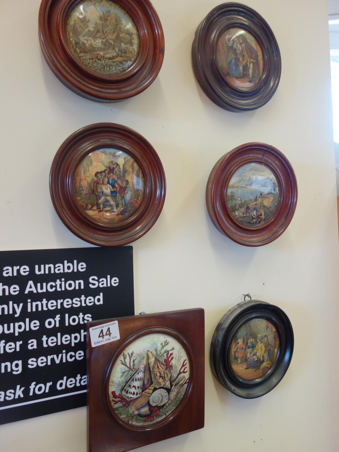 Collection of 6 x framed 19 th century Pratt ware pot lids, varying conditions