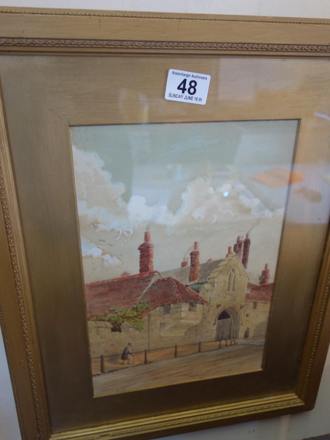 Framed and glazed 19 th century watercolour, Town scene with figures image 14" x 10"