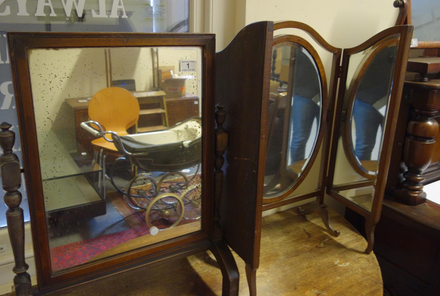 Triple mahogany Victorian design dressing table mirror with bevelled edged mirrors and a similar