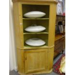 Georgian design pine corner cupboard with 2 shelves enclosed all above a single door, 6' tall 4'