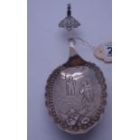 Decorative SILVER cabinet spoon, the centre bowl depicting Swiss Highland scene, the handle with