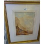 Samuel Prout, Framed and glazed watercolour Mountainous scene with single figure and 3 cows,