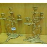 Decorative pair of Edwardian triple branch candelabras, gilt on metal, makers mark to base J C S