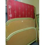 5'6 x 6'6 French style double bed with pink velour headboard to top and bottom, an inset bolted