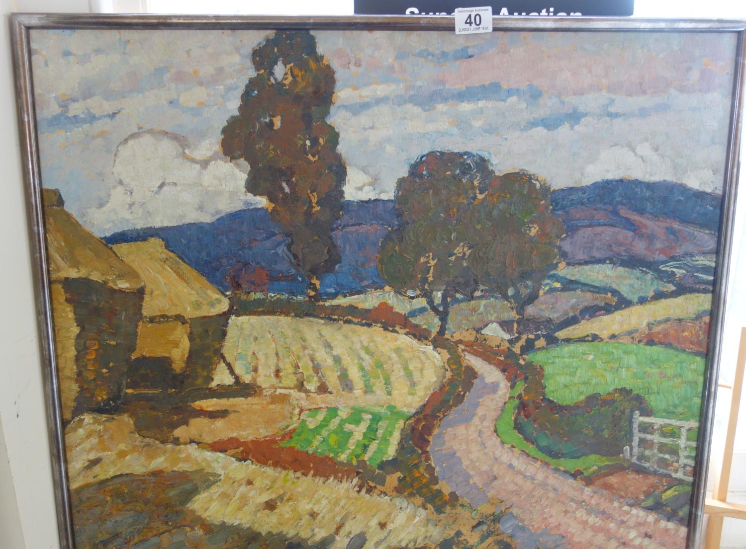 C Bradshaw, a framed oil on board, entitled Harvest at Somerset near Quantocks, 24" x 32" signed