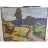 C Bradshaw, a framed oil on board, entitled Harvest at Somerset near Quantocks, 24" x 32" signed