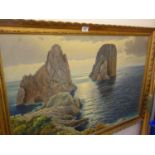 Large oil painting on board, 3 Needles, Seascape, 24" x 38" in gilt framed signed L Surfing?