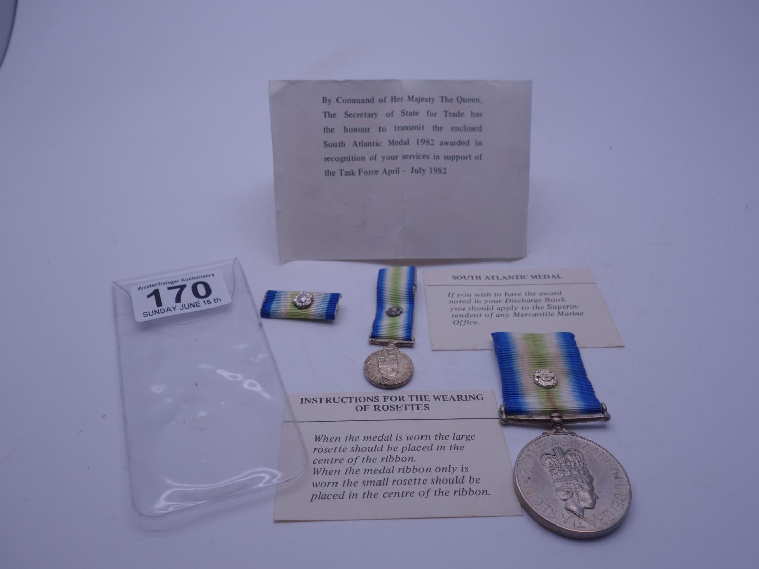 Falkland Islands, South Atlantic medal with pip and bar, and box containing presentation ticket,