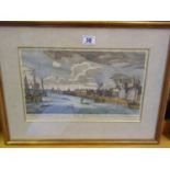 Framed and glazed antique hand coloured print, a view of the Tower of London taken upon the Thames