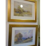 Gilt framed pair of watercolours by F A Ellingham, each one depicting a panoramic landscape probably