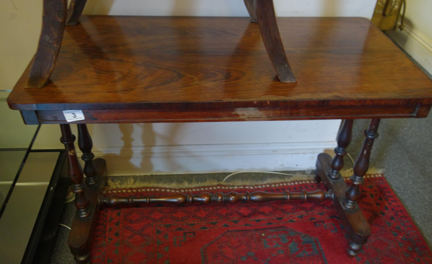 Victorian period rosewood veneer side table 3' long x 18" wide on turned supports