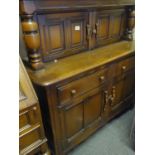 Antique style court cupboard, cluster of small cupboards to the top, above another cluster of