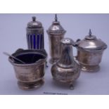 5 x assorted SILVER h/m cruet items, 2 with blue glass liners,