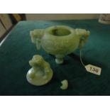 Chinese vintage Jade Censor, Oriental design with detachable lidwith a carved firey beast, the