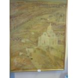 Large oil painting on canvas by Richard Beers, entitled Cortons, panoramic landscape scene, 36" x