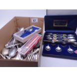 Amount of silver plated flatware and 2 x boxed sets of collectors spoons,