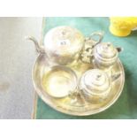 Silver plated tea set on tray, oriental origin, silver plate on pewter by Shang Hing, 5 items each