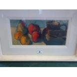 Peter Collis, a fine quality still life oil painting on board 13.5" x 6.5" entitled Fruit and
