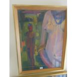 Gilt framed oil painting on board, stylized modernist impression of naked man and female, 24" x 36"