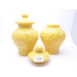Pair of antique style yellow glazed Oriental Ginger Jars and lids, each one measures 8" tall with