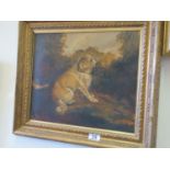 Gilt framed oil painting on canvas laid down on board, a naive version of a seated Cocker Spaniel?