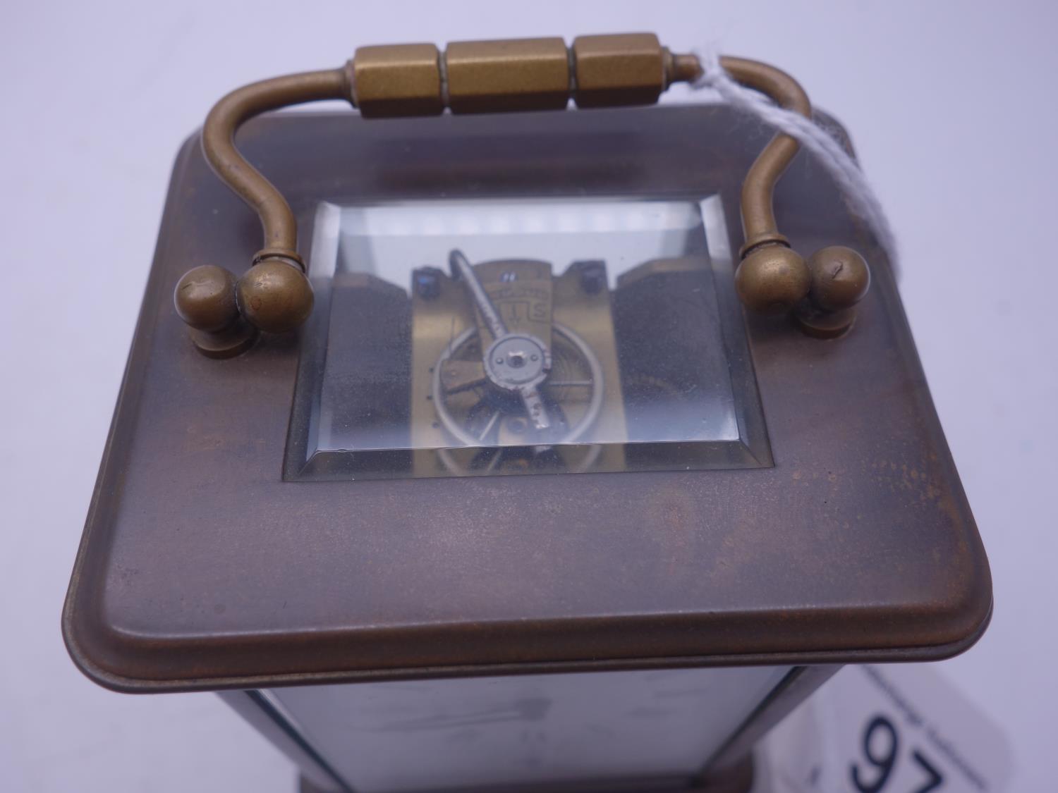 French early 20th century small travelling alarm clock with 4 glass sides, visible escapement to the - Image 2 of 4