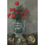 Ken SYMONDS (British 1927-2010) Poppies - still life of poppies in a blue & white coffee jug, Oil on