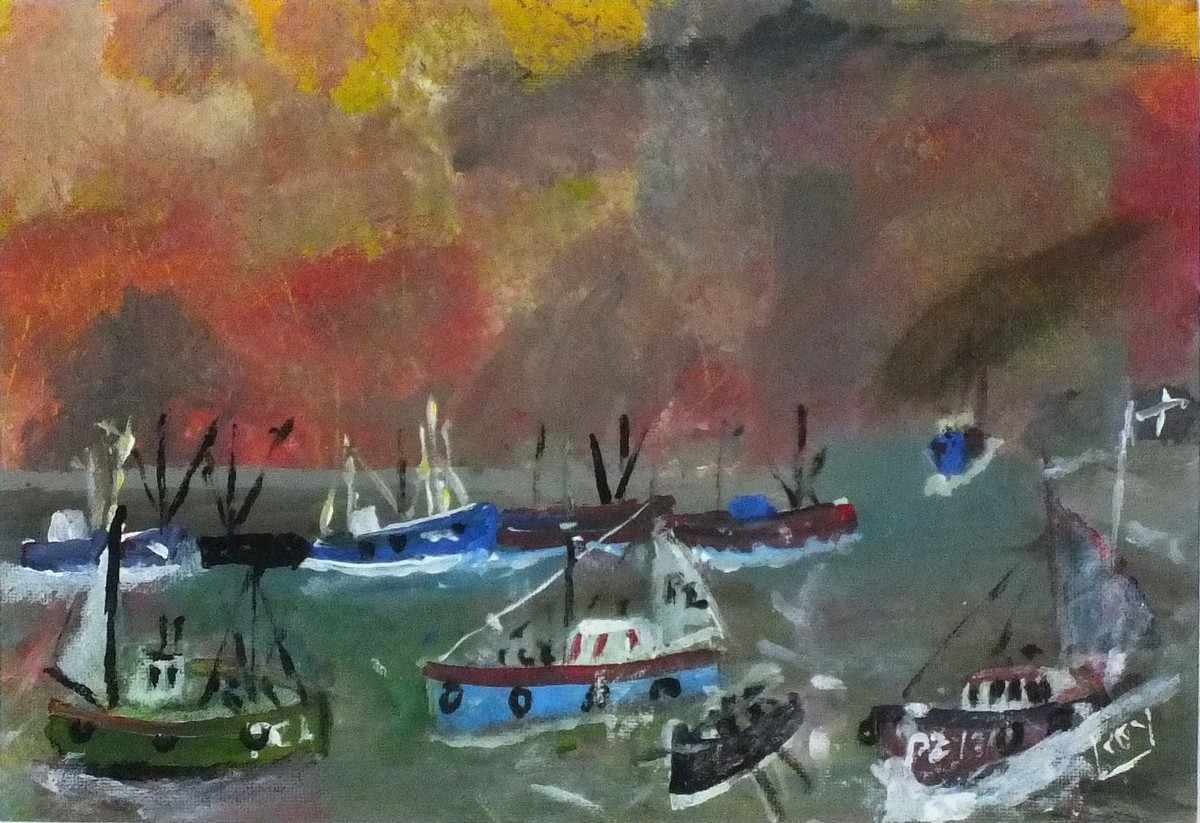 Roy DAVEY (British b. 1946) Boats at Newlyn, Acrylic on canvas board, Signed ROY lower right, 8" x