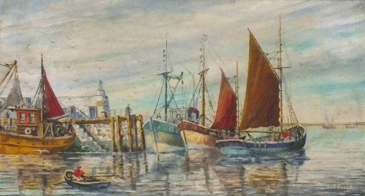 S J FOALE (British 20th Century) Fishing Vessels in a Harbour, Oil on board, Signed lower right,