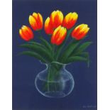 Rex O'DELL (British b. 1934) Variegated Yellow and Red Tulips in a Vase, Acrylic on board, Signed