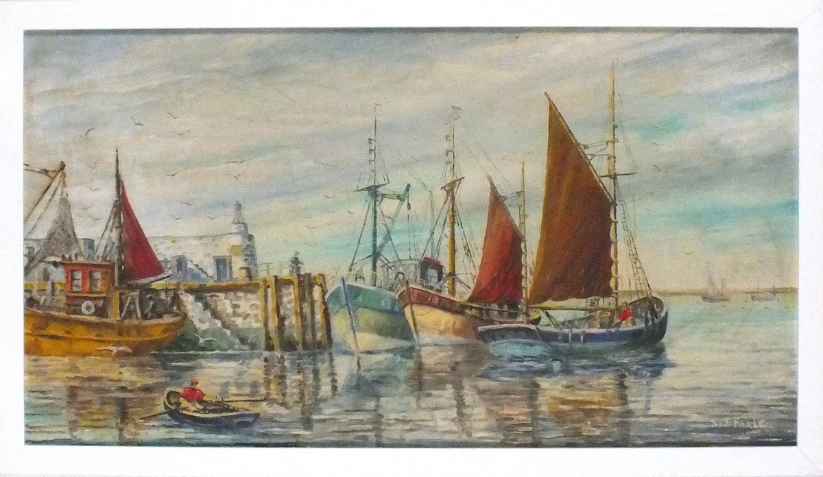 S J FOALE (British 20th Century) Fishing Vessels in a Harbour, Oil on board, Signed lower right, - Image 2 of 2