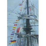 Robert JONES (British b. 1943) Tall Ships, Flags and Bunting, Oil on board, Signed with initials