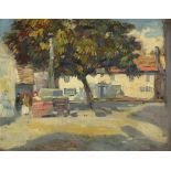 Marcella SMITH (British 1887-1963) Village Square, Oil on panel, Signed lower left, 9" x 13.5" (23cm
