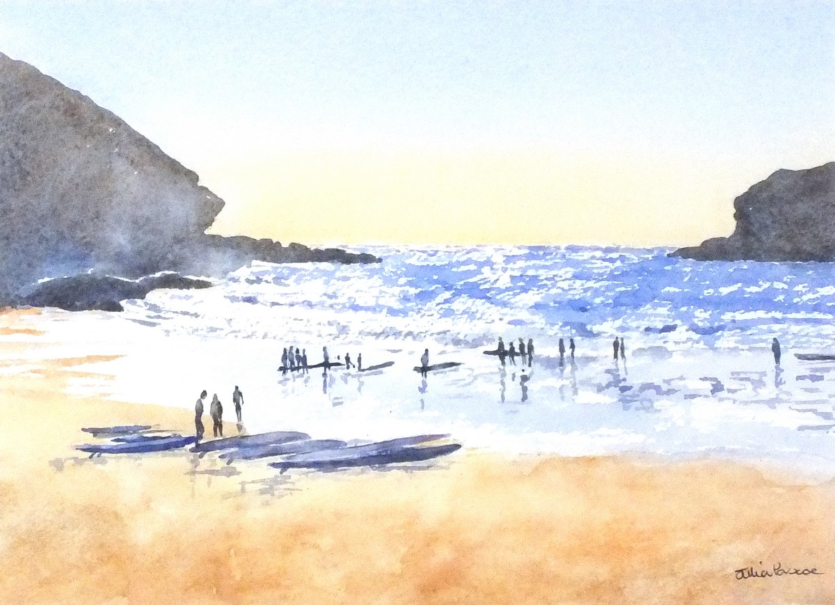 Julia PASCOE (British b. 1967) Evening Surfers at Portreath, Watercolour, Signed lower right, signed
